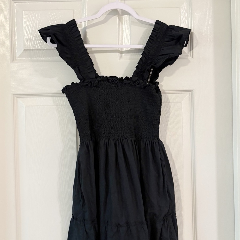 Hill House Ellie Nap Dress Smocked Ruffle Midi 100% Cotton Black Sz Small - Picture 6 of 11